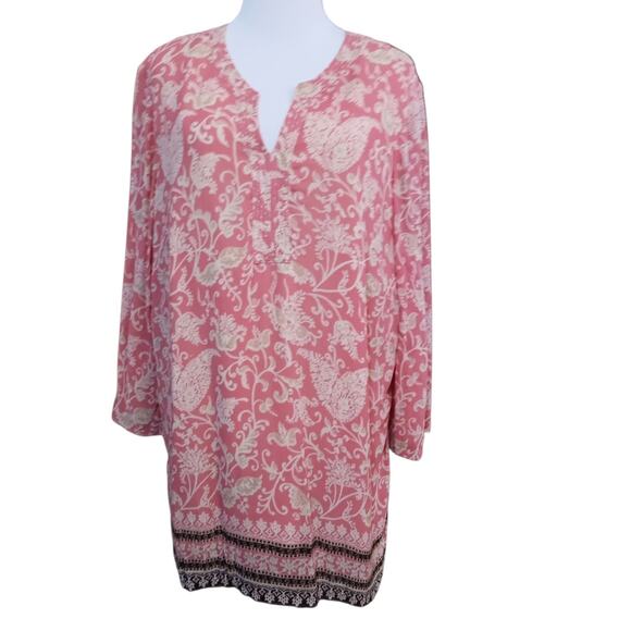 JM COLLECTION Tunic‎ Top Blouse Plus 18W Pink Brown V-Neck Dressy Career Event - Picture 1 of 7
